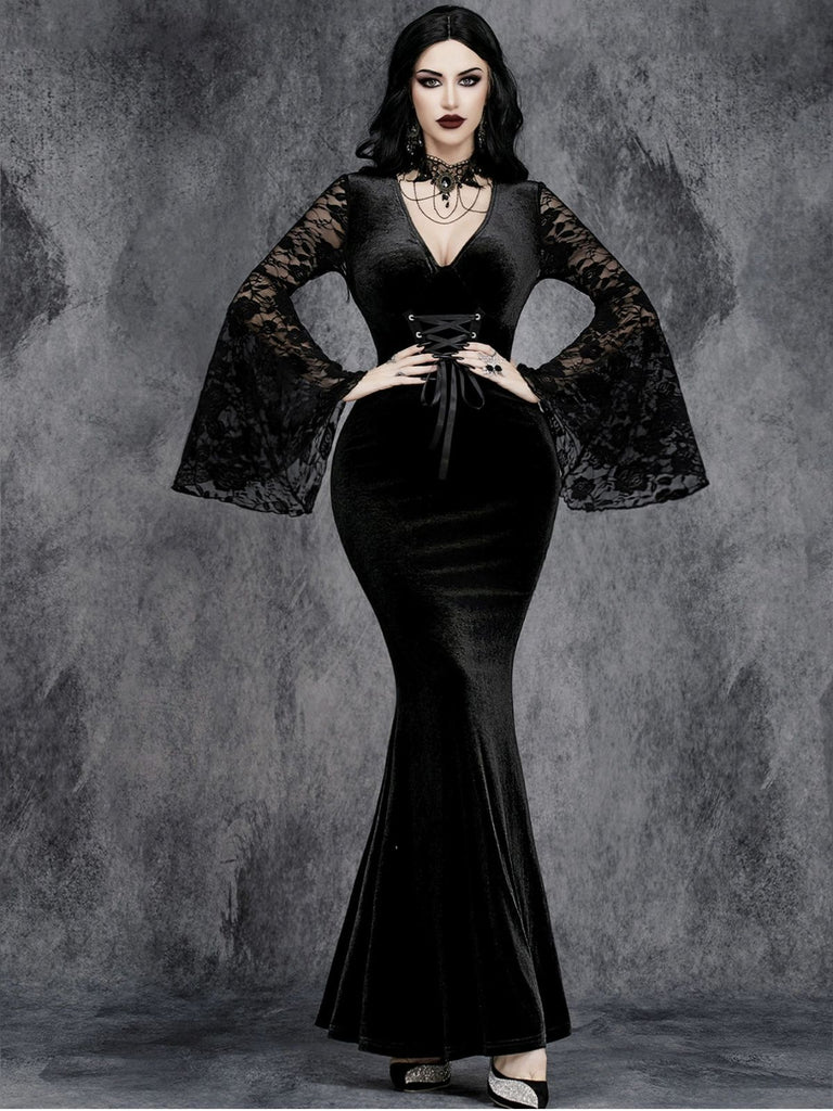 Black 1930s Halloween Lace Bell-Sleeve Bodycon Maxi Dress - vintage dress, retro fashion, classic black