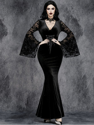 Black 1930s Halloween Lace Bell-Sleeve Bodycon Maxi Dress - vintage dress, retro fashion, classic black