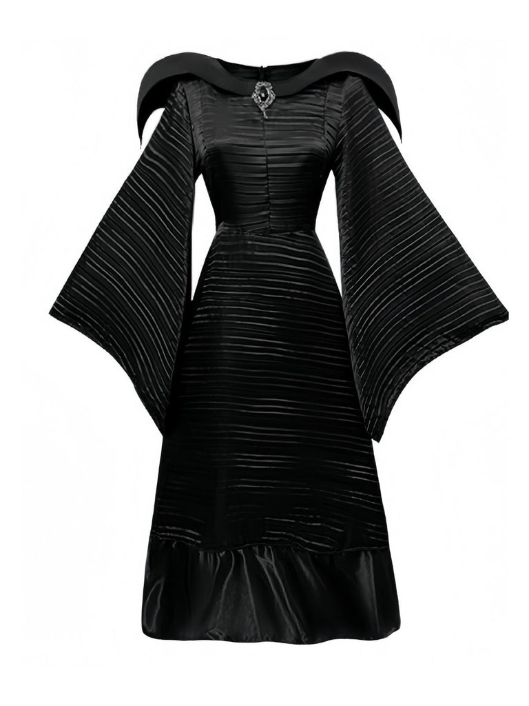 Black 1930s Halloween Maleficent Batwing Sleeve Dress Set - vintage dress, retro fashion, classic black