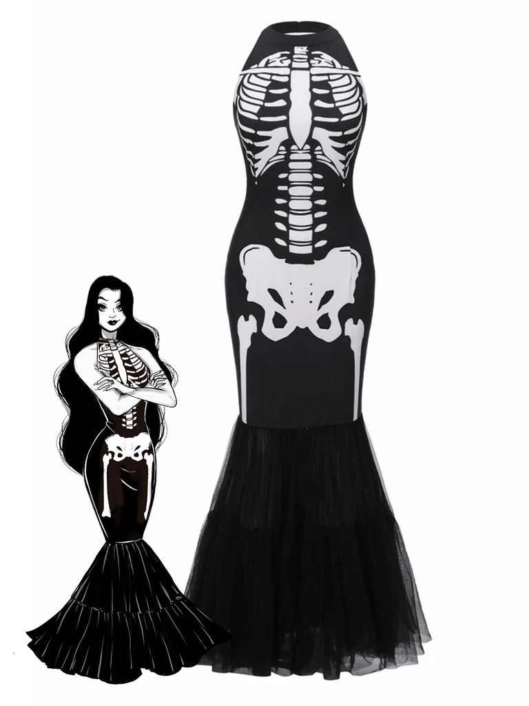 Black & White 1930s Halter Skull Mesh Fishtail Dress - vintage dress, retro fashion, classic black