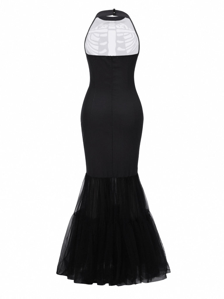 Black & White 1930s Halter Skull Mesh Fishtail Dress - vintage dress, retro fashion, classic black