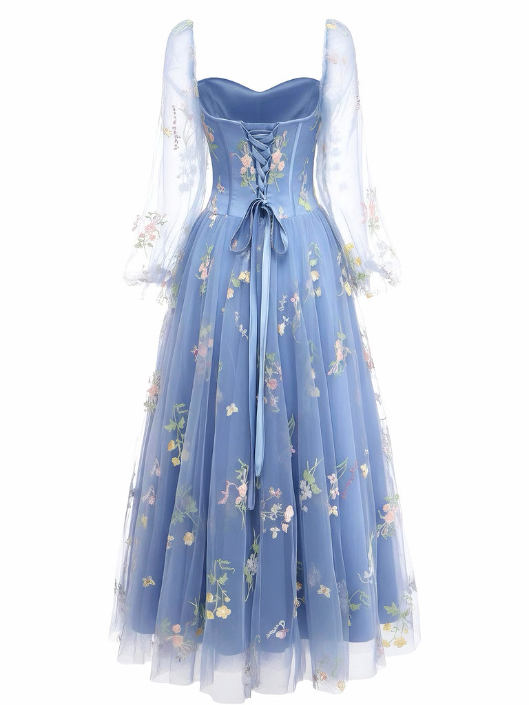 Blue 1930s Floral Embroidered Mesh Long Sleeve Dress - vintage dress, retro fashion, elegant red