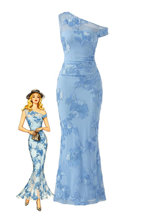 Blue 1930s One-Shoulder Floral Embroidered Mermaid Dress - vintage dress, retro fashion, elegant red