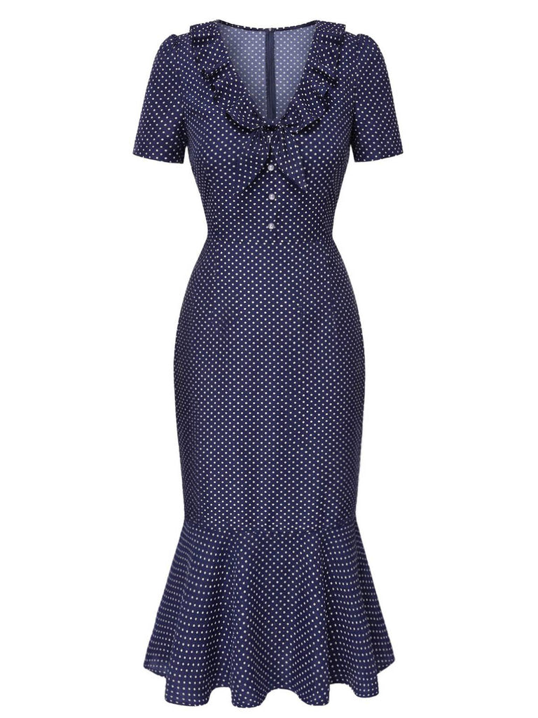 Dark Blue 1930s Polka Dot Ruffled Collar Fishtail Dress - vintage dress, retro fashion