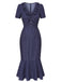 Dark Blue 1930s Polka Dot Ruffled Collar Fishtail Dress - vintage dress, retro fashion