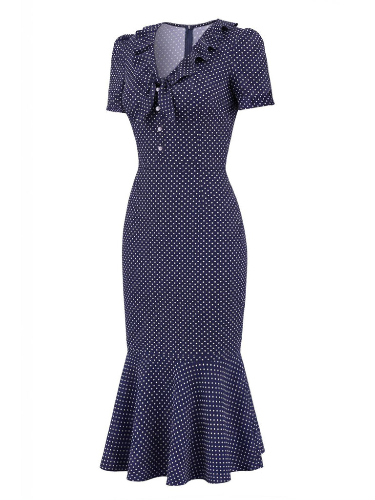 Dark Blue 1930s Polka Dot Ruffled Collar Fishtail Dress - vintage dress, retro fashion