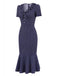 Dark Blue 1930s Polka Dot Ruffled Collar Fishtail Dress - vintage dress, retro fashion