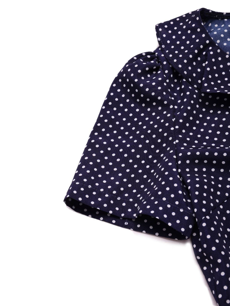 Dark Blue 1930s Polka Dot Ruffled Collar Fishtail Dress - vintage dress, retro fashion