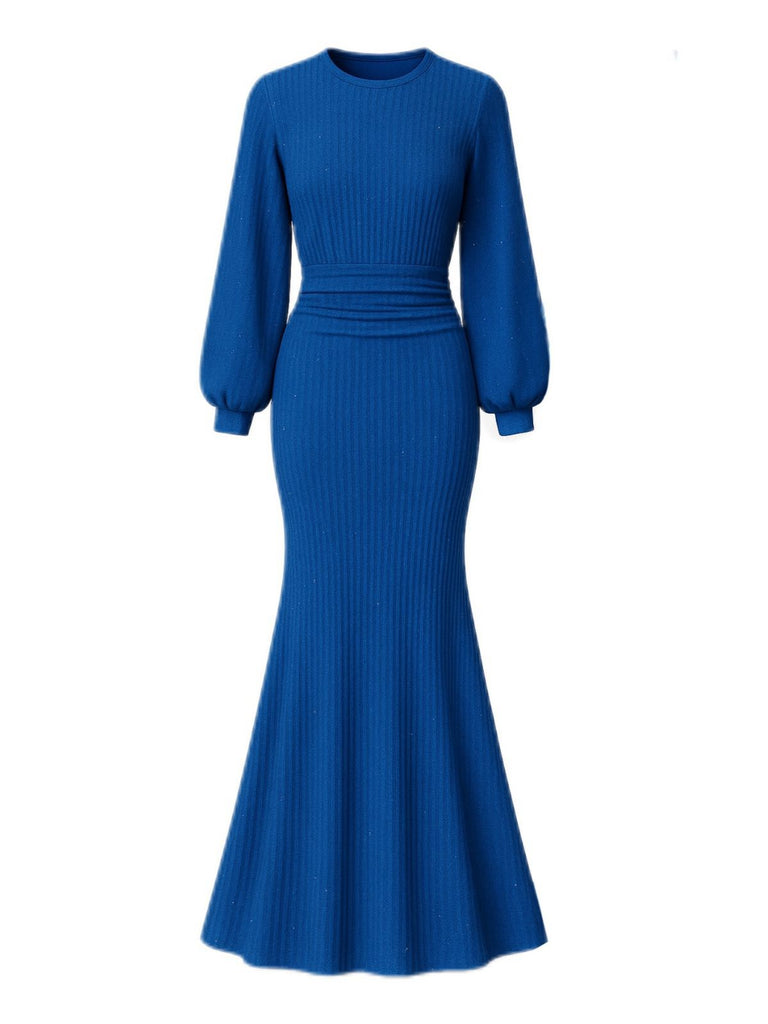 1930s Glitter Ruched Lantern Sleeve Knit Fishtail Dress - vintage dress, retro fashion