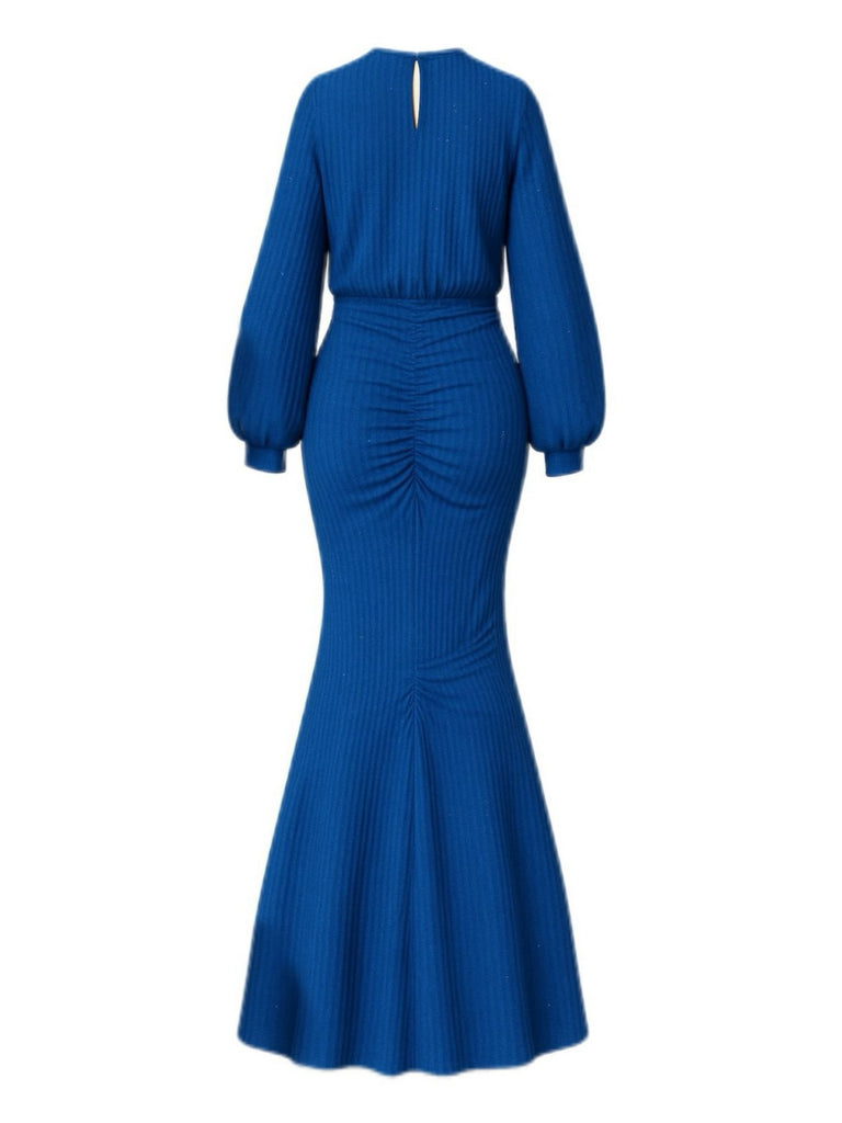 1930s Glitter Ruched Lantern Sleeve Knit Fishtail Dress - vintage dress, retro fashion
