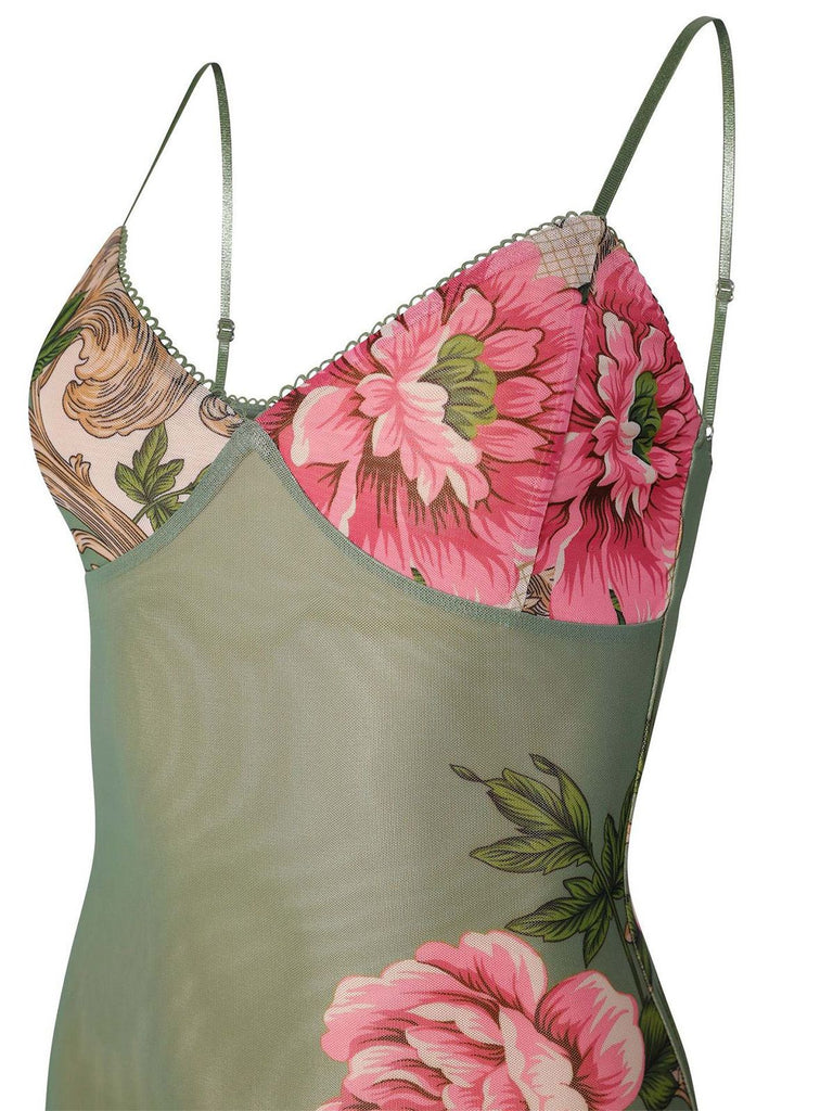 Green 1930s Floral Spaghetti Strap Bodycon Maxi Dress - vintage dress, retro fashion