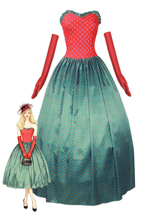 Green 1930s Grinch Martha Cosplay Polka Dot Strapless Dress - vintage dress, retro fashion