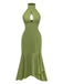 Green 1930s Halter Mesh Backless Chiffon Midi Dress - vintage dress, retro fashion