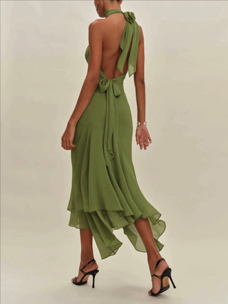 Green 1930s Halter Mesh Backless Chiffon Midi Dress - vintage dress, retro fashion