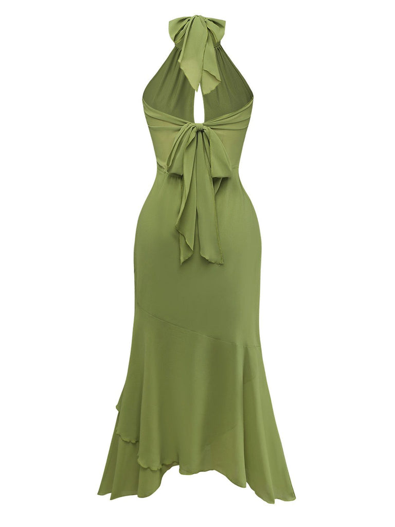 Green 1930s Halter Mesh Backless Chiffon Midi Dress - vintage dress, retro fashion