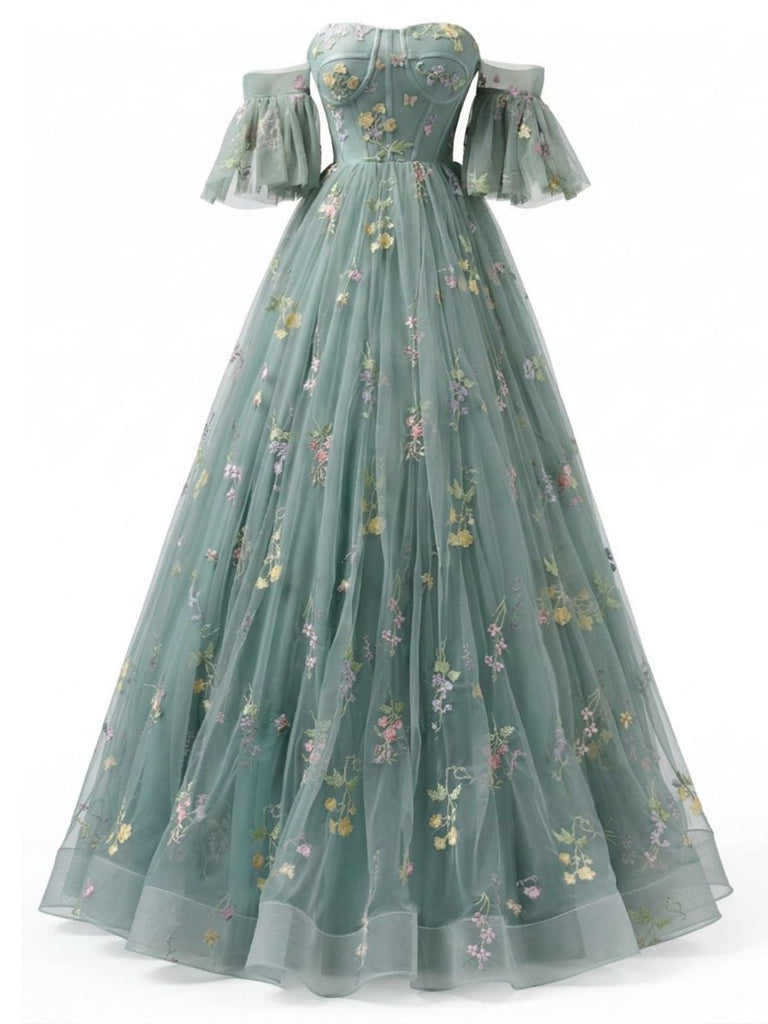 Green 1930s Off-Shoulder Floral Embroidered Tulle Maxi Dress - vintage dress, retro fashion, elegant red