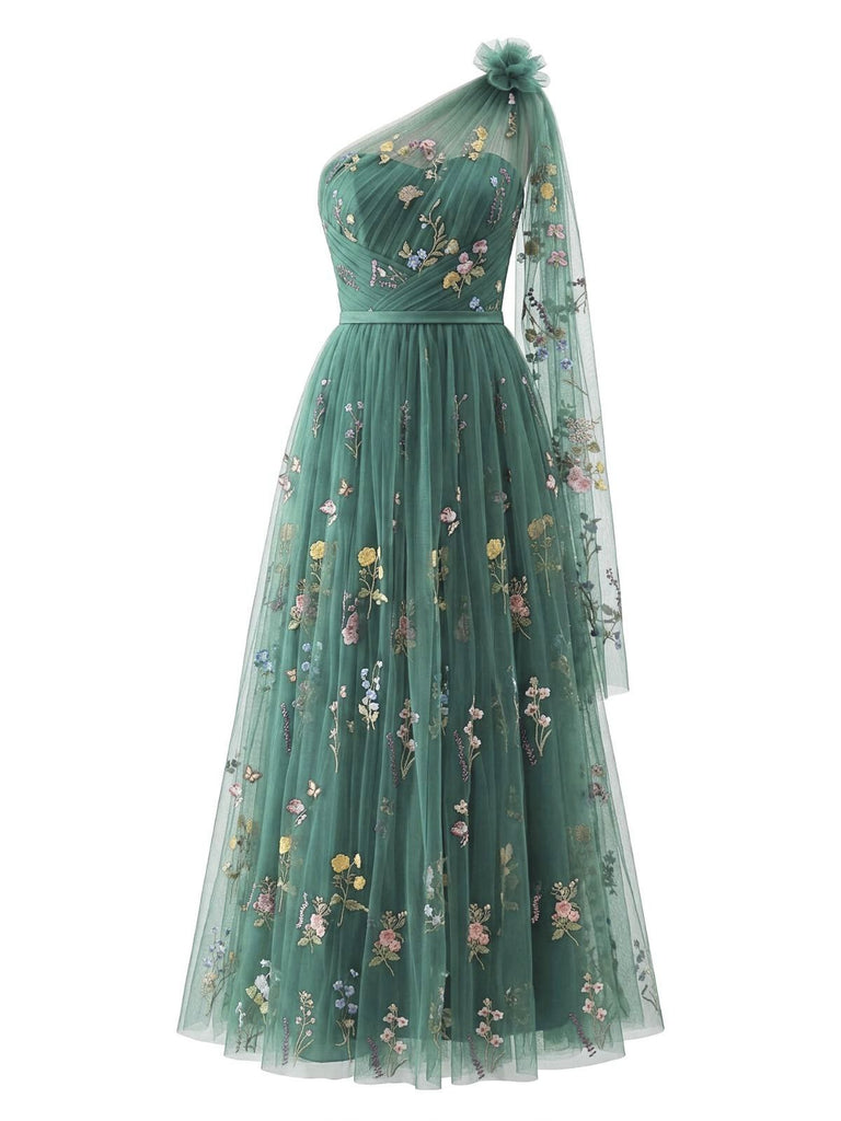 Green 1930s One-Shoulder Floral Embroidered Tulle Maxi Dress - vintage dress, retro fashion, elegant red