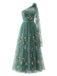 Green 1930s One-Shoulder Floral Embroidered Tulle Maxi Dress - vintage dress, retro fashion, elegant red