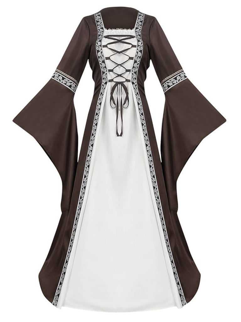 Khaki 1930s Halloween Medieval Bell Sleeve Floral Dress - vintage dress, retro fashion