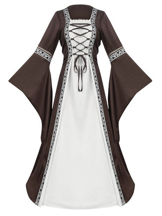 Khaki 1930s Halloween Medieval Bell Sleeve Floral Dress - vintage dress, retro fashion