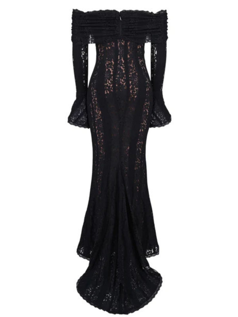 1930s Off-Shoulder Lace Flare Sleeve Maxi Mermaid Dress - vintage dress, retro fashion