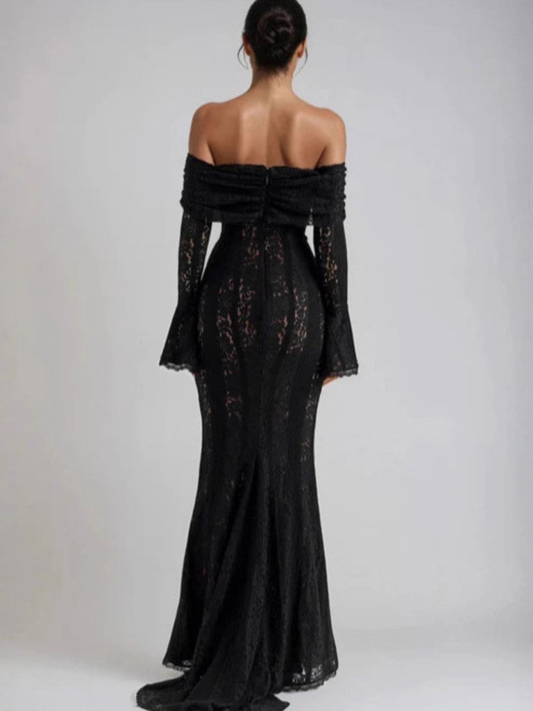 1930s Off-Shoulder Lace Flare Sleeve Maxi Mermaid Dress - vintage dress, retro fashion