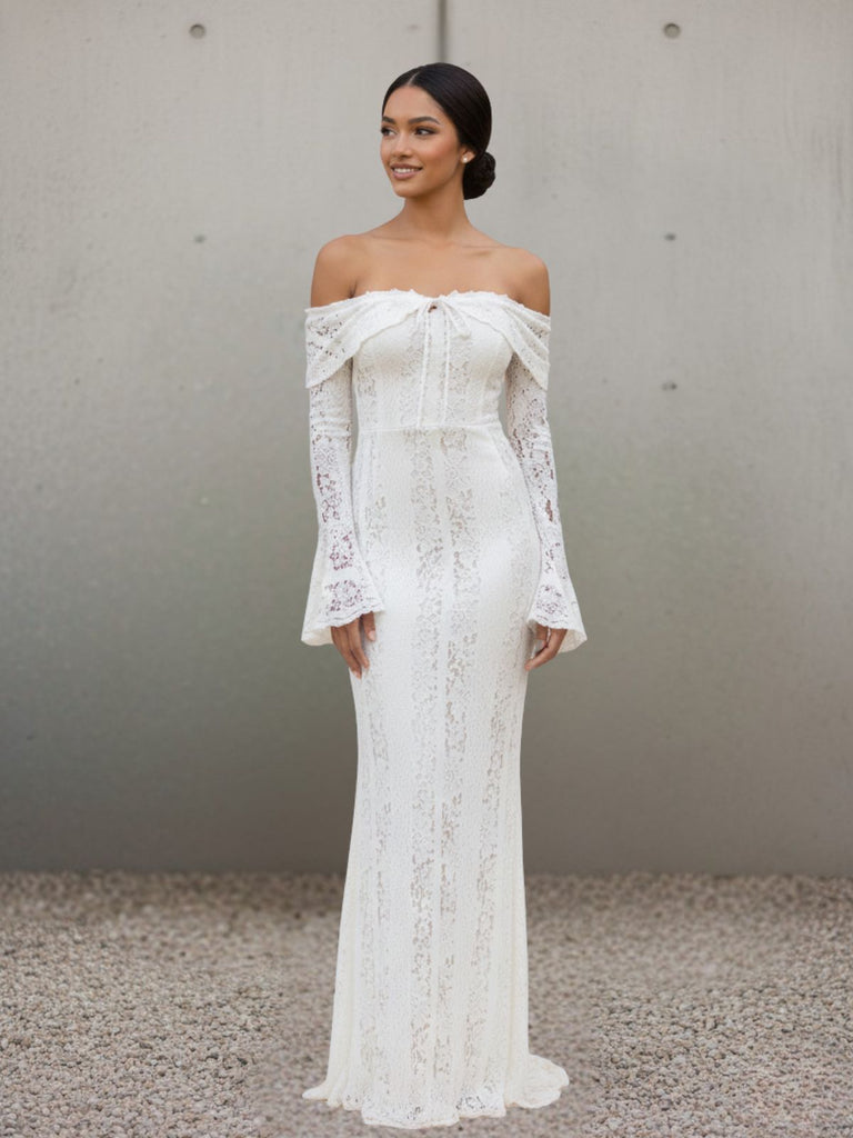 1930s Off-Shoulder Lace Flare Sleeve Maxi Mermaid Dress - vintage dress, retro fashion