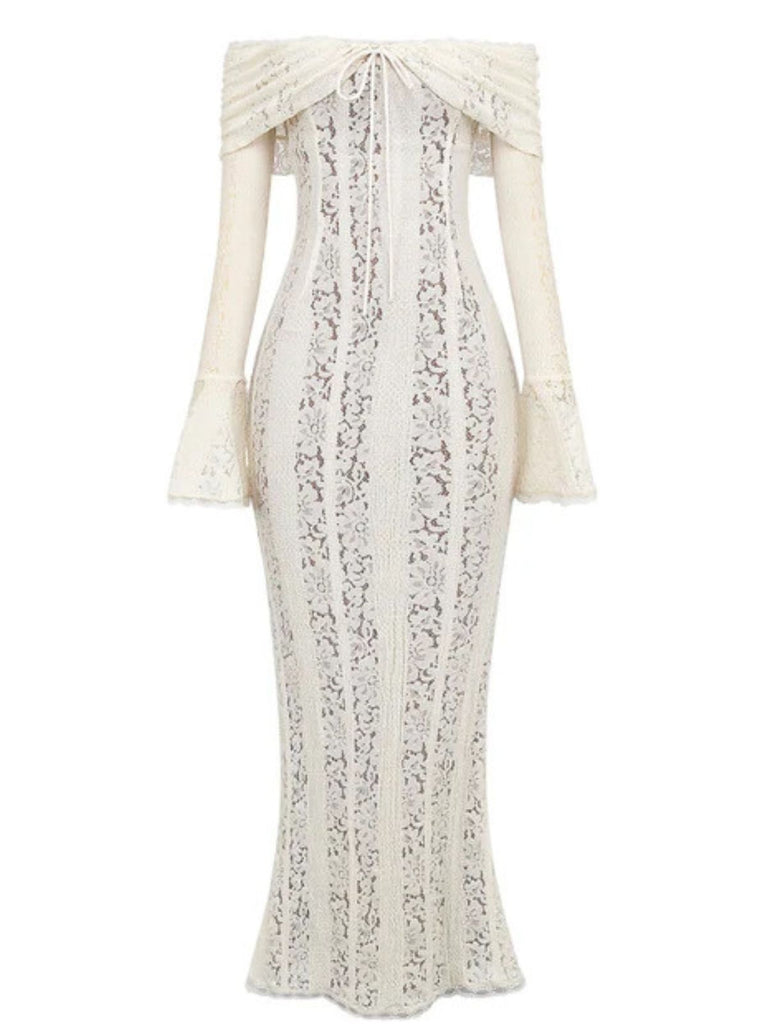 1930s Off-Shoulder Lace Flare Sleeve Maxi Mermaid Dress - vintage dress, retro fashion