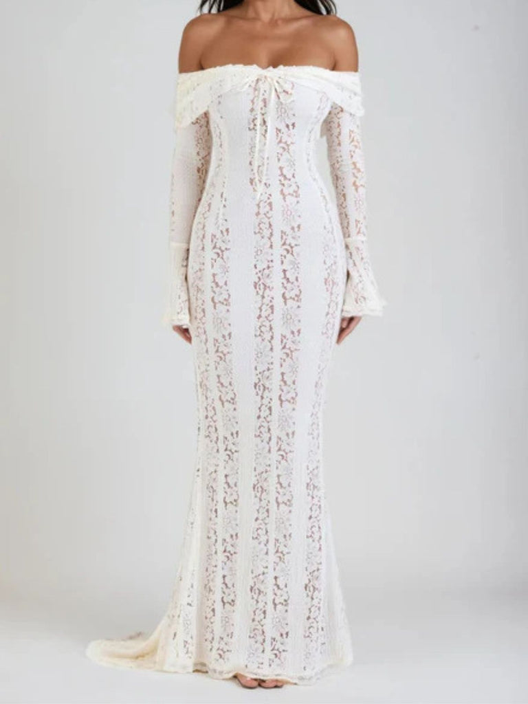 1930s Off-Shoulder Lace Flare Sleeve Maxi Mermaid Dress - vintage dress, retro fashion
