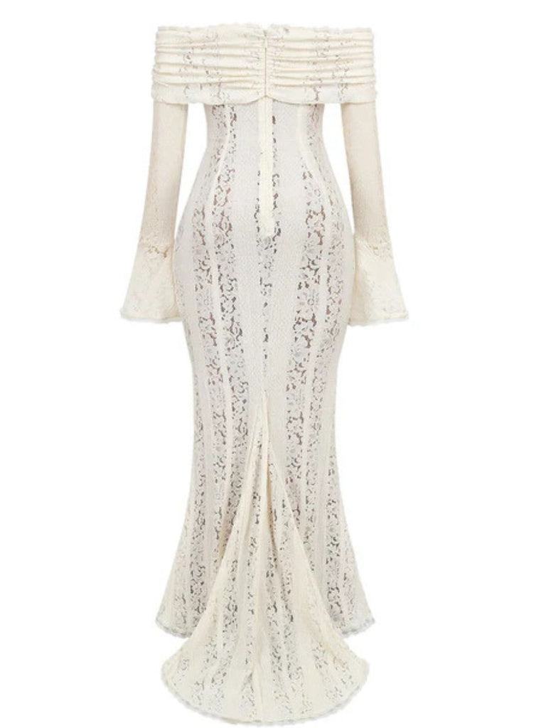 1930s Off-Shoulder Lace Flare Sleeve Maxi Mermaid Dress - vintage dress, retro fashion