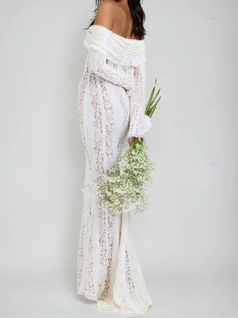 1930s Off-Shoulder Lace Flare Sleeve Maxi Mermaid Dress - vintage dress, retro fashion
