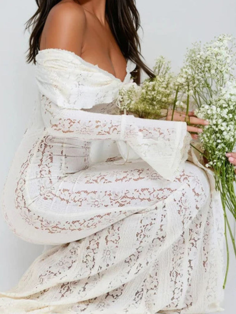 1930s Off-Shoulder Lace Flare Sleeve Maxi Mermaid Dress - vintage dress, retro fashion