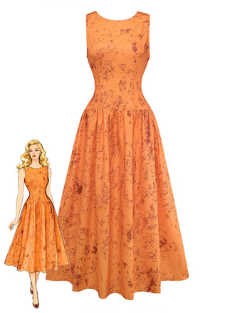 Orange 1930s Cotton Sleeveless Printed Fitted Dress - vintage dress, retro fashion