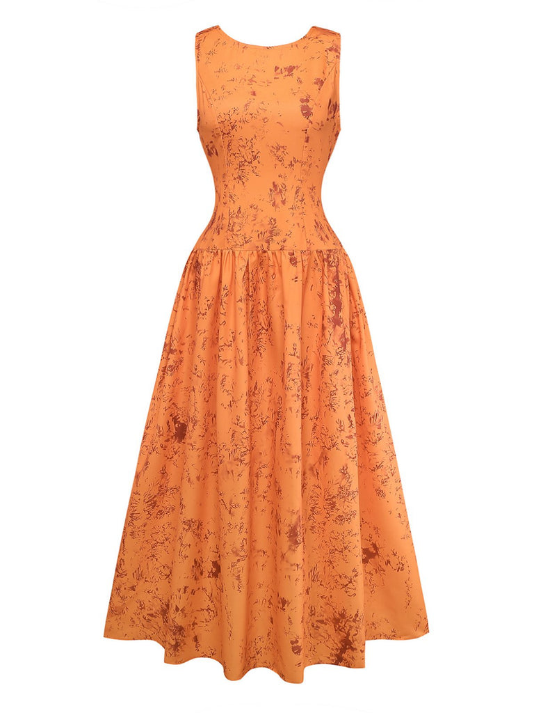 Orange 1930s Cotton Sleeveless Printed Fitted Dress - vintage dress, retro fashion