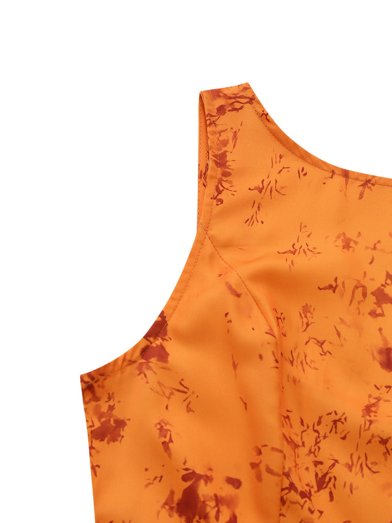 Orange 1930s Cotton Sleeveless Printed Fitted Dress - vintage dress, retro fashion