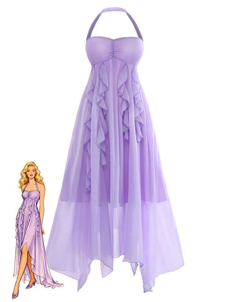 Purple 1930s Halter Ruffle Chiffon Backless Maxi Dress - vintage dress, retro fashion