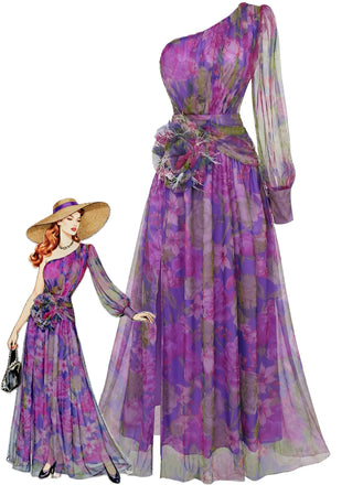 Purple 1930s Mesh One-Shoulder 3D Floral Evening Dress - vintage dress, retro fashion