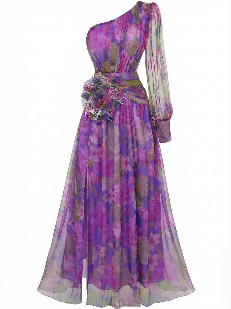 Purple 1930s Mesh One-Shoulder 3D Floral Evening Dress - vintage dress, retro fashion