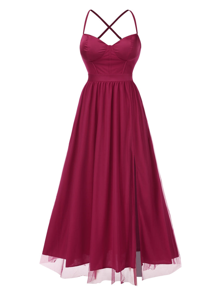 Red 1930s Solid Mesh Spaghetti Straps Evening Dress - vintage dress, retro fashion, elegant red