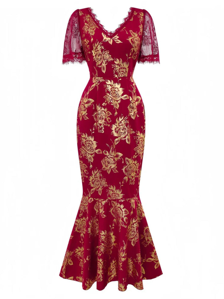 Red 1930s V-Neck Gold Foil Floral Mermaid Sheer Dress - vintage dress, retro fashion, elegant red