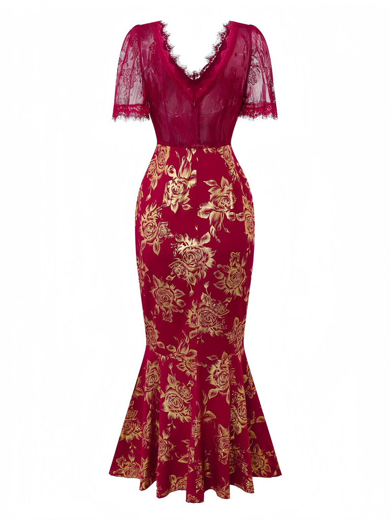 Red 1930s V-Neck Gold Foil Floral Mermaid Sheer Dress - vintage dress, retro fashion, elegant red