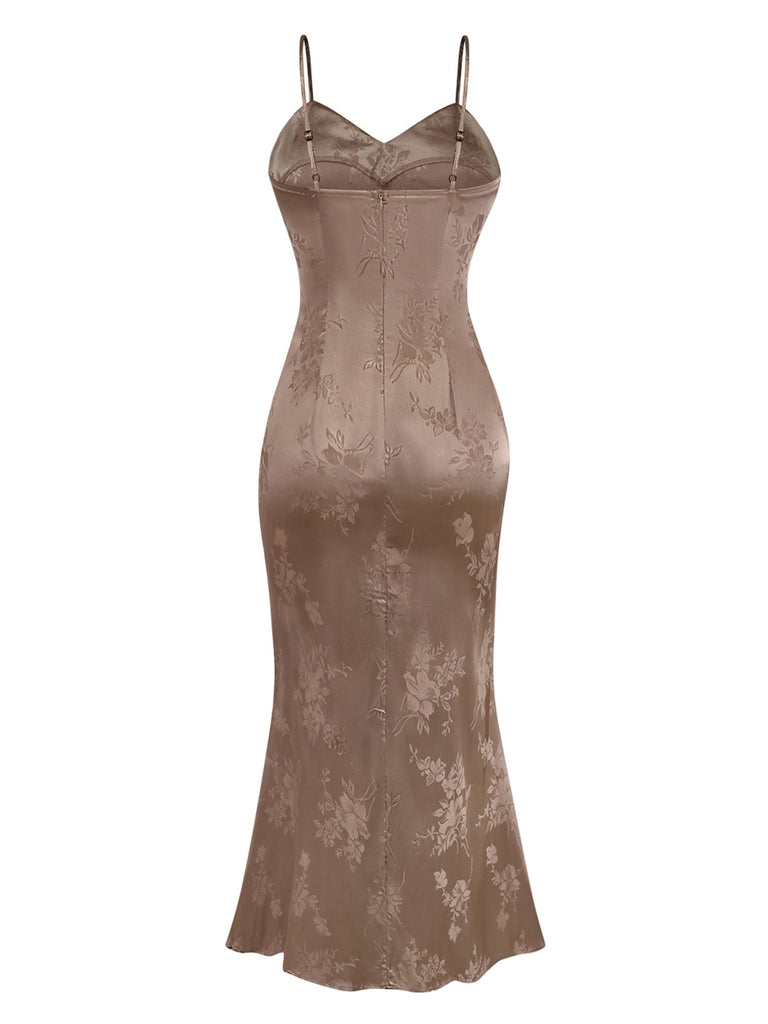 1930s Solid Satin Floral Jacquard Slip Mermaid Dress - vintage dress, retro fashion