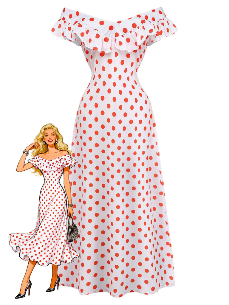 White 1930s Red Polka Dots Off-Shoulder Ruffle Maxi Dress - vintage dress, retro fashion, elegant red