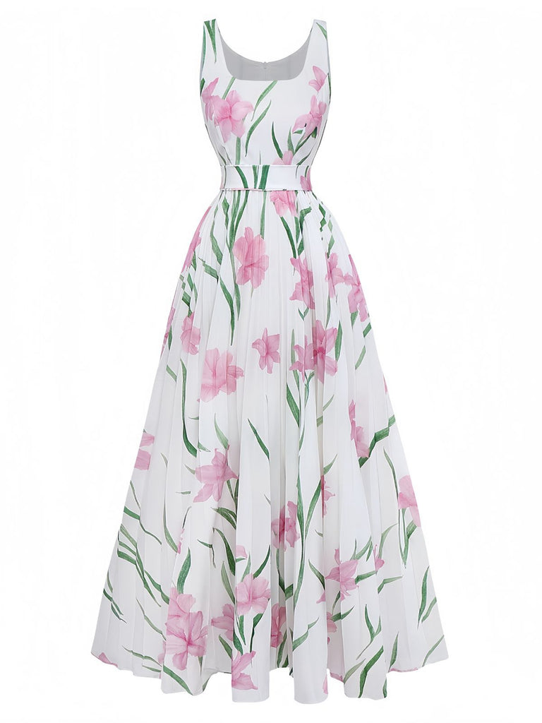 White 1930s Scoop Neck Floral Sleeveless Maxi Dress - vintage dress, retro fashion, pure white
