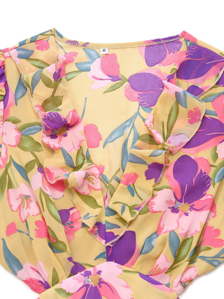Yellow 1930s Floral Ruffled Deep V-Neck Cutout Dress - vintage dress, retro fashion