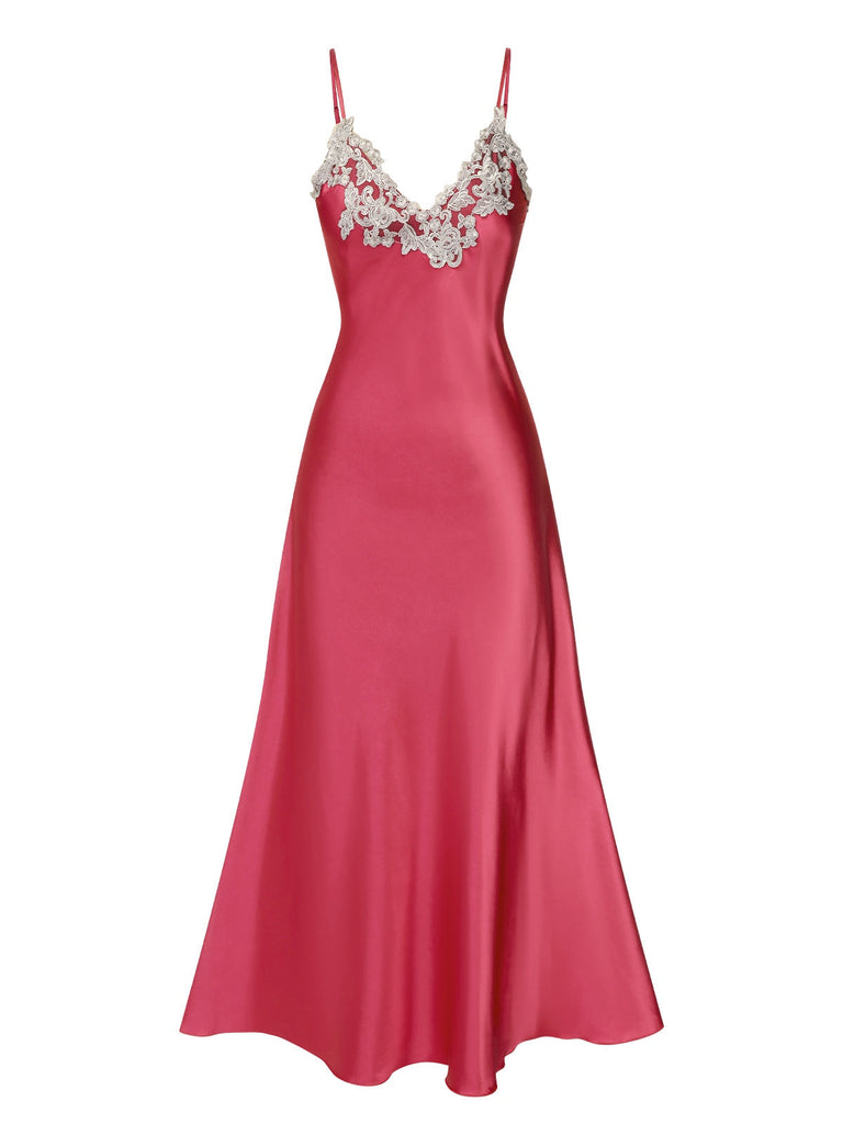 1930s Embroidered Faux Satin Strap Nightgown - vintage nightgown, retro sleepwear, elegant red