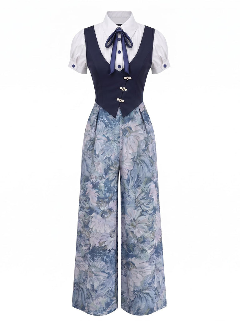 Blue 1930s Faux 3PCS Bow Floral Jumpsuit, vintage jumpsuit, floral print