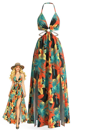 1930s Floral Halter Backless Slit Maxi Dress, vintage dress, retro fashion, floral print - perfect for women who love vintage and retro fashion