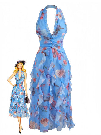 1930s Floral Pleated Belted Maxi Dress 3