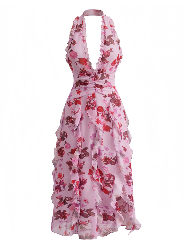 1930s Floral Halter V-Neck Ruffles Pleated Dress - vintage dress, retro fashion, floral print for vintage lovers